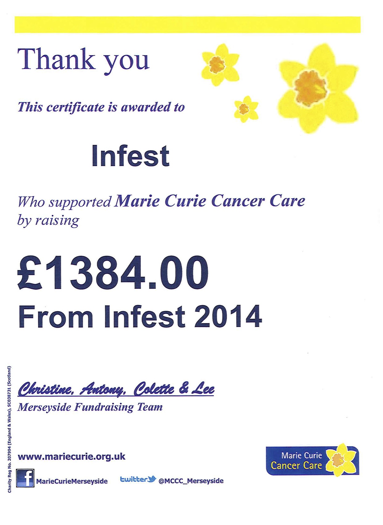 Marie Curie Cancer Care charity donation certificate 2014 