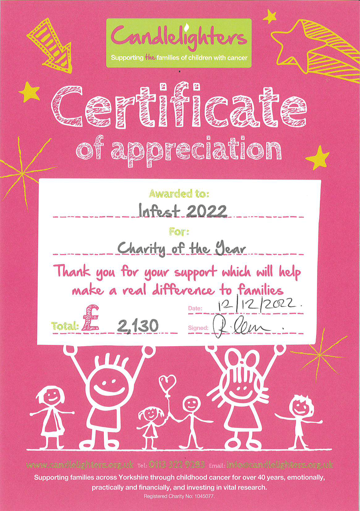 Candlelighters Charity Certificate for Infest 2022
