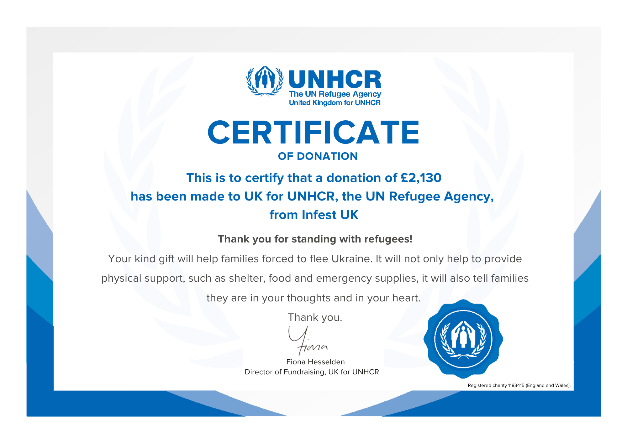 UNHCR Charity Certificate for Infest 2022