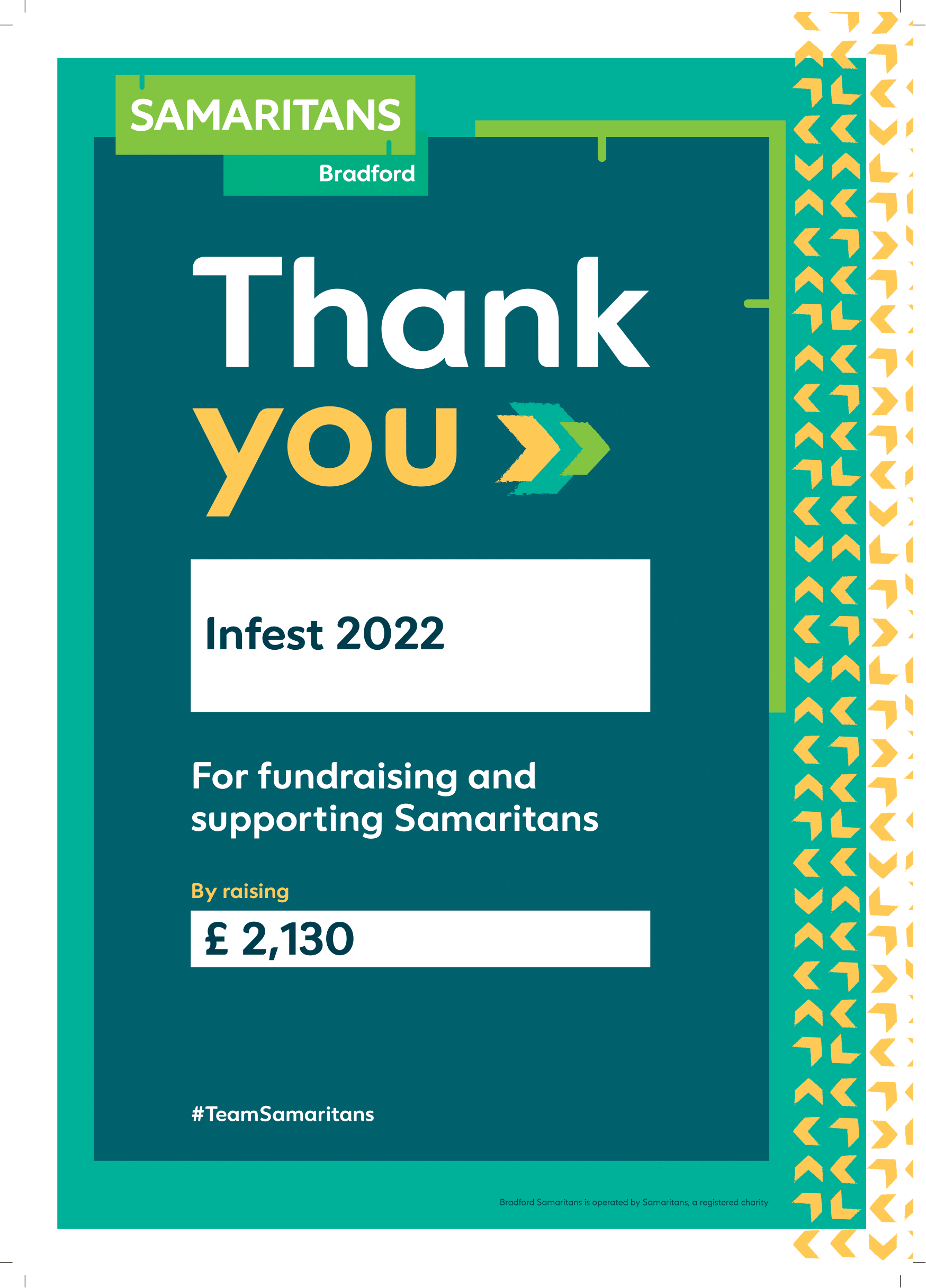 Bradford Samaritans Charity Certificate for Infest 2022